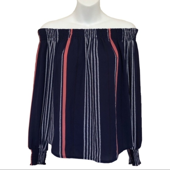 Express Off the Shoulder Ruched Navy Blue Striped Blouse Women’s Size XS - Picture 1 of 4